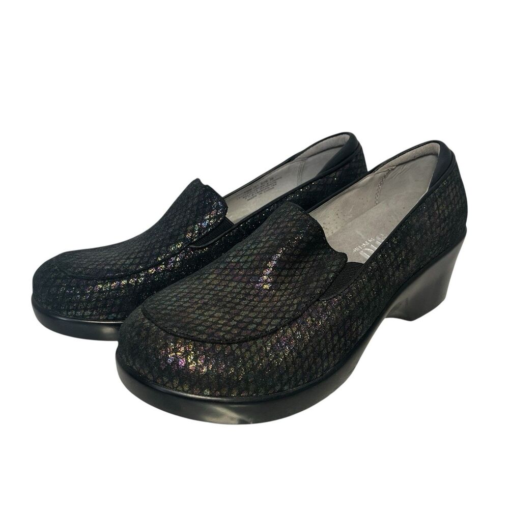 Alegria Emma Metal Rain Loafer Clogs Iridescent Fish Scale Leather Black Women 8